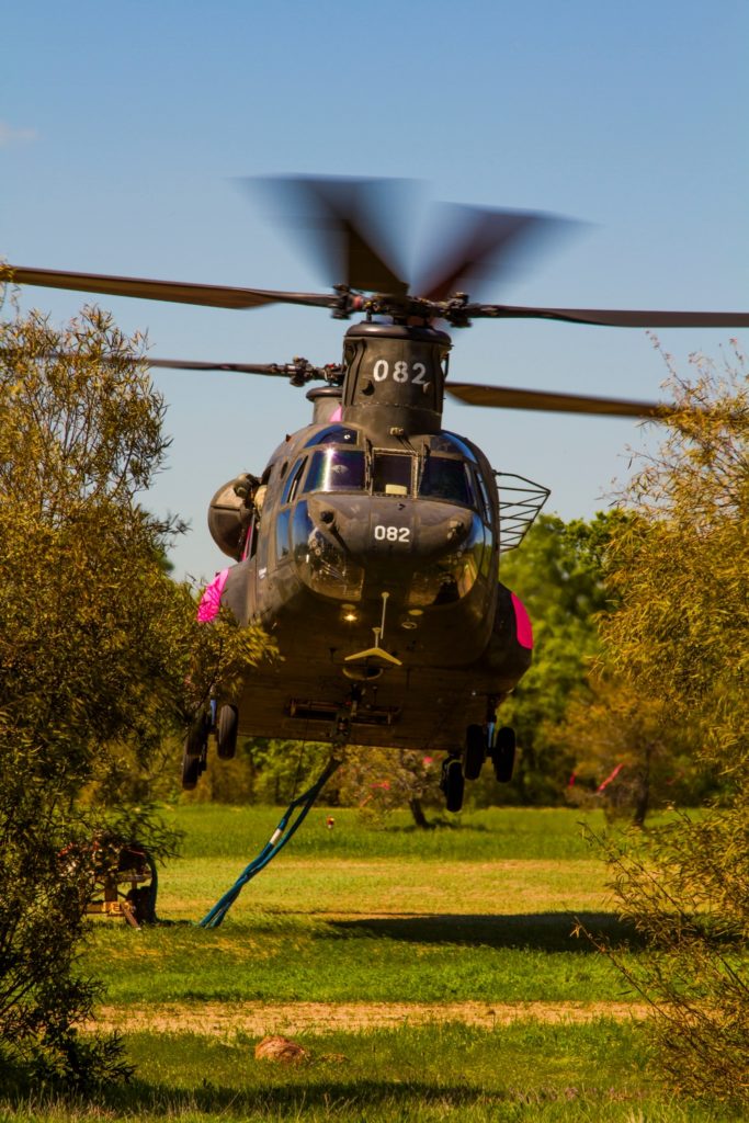 A California Army National Guard CH-47 helicopter from Company A, 3-140th Service and Support Aviation Battalion, lifts off a helipad at the California Department Forestry and Fire Protection (Cal Fire) annual joint fire training at the Cal Fire Academy in Ione, Calif., April 5, 2014. The California Guard trained with Cal Fire and other civilian agencies at Ione in preparation for the highly anticipated upcoming fire season.