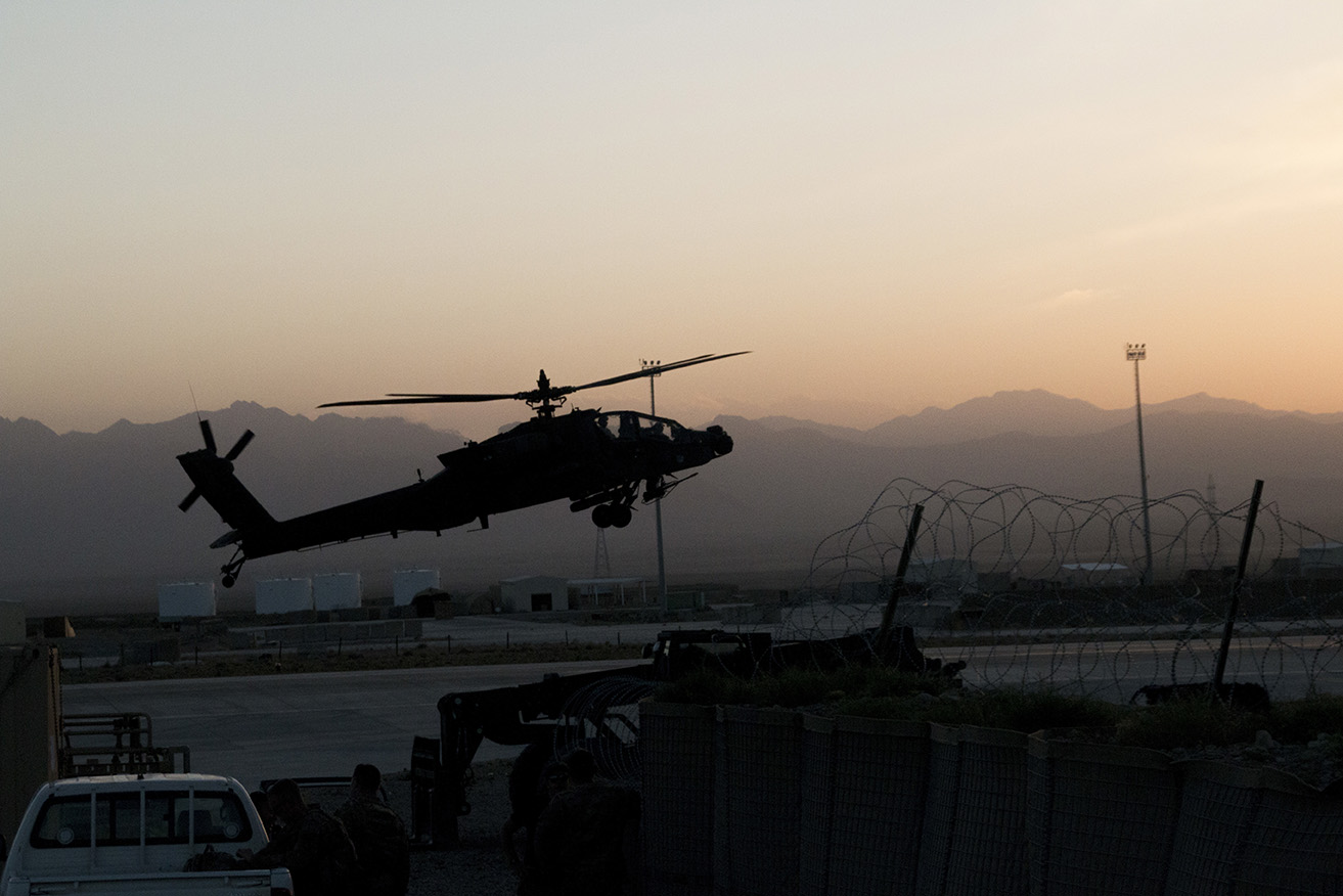 U.S. Army AH-64 Apache helicopter from the 3rd Combat Aviation Brigade takes off from Forward Operating Base Dahlke, Afghanistan, May 18, 2016. The 40th CAB sent Soldiers, aircraft and equipment to FOB Dahlke in May to support the garrison’s mission to train, advise and assist the Afghan National Army. (U.S. Army Photo by Staff Sgt. Ian M. Kummer, 40th Combat Aviation Brigade Public Affairs)
